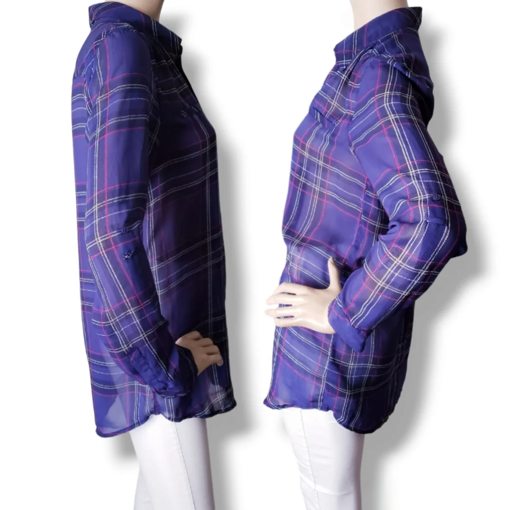 Guess Purple & Pink Plaid Print Chiffon Sheer Long Sleeve Blouse Size Small - Picture 4 of 8